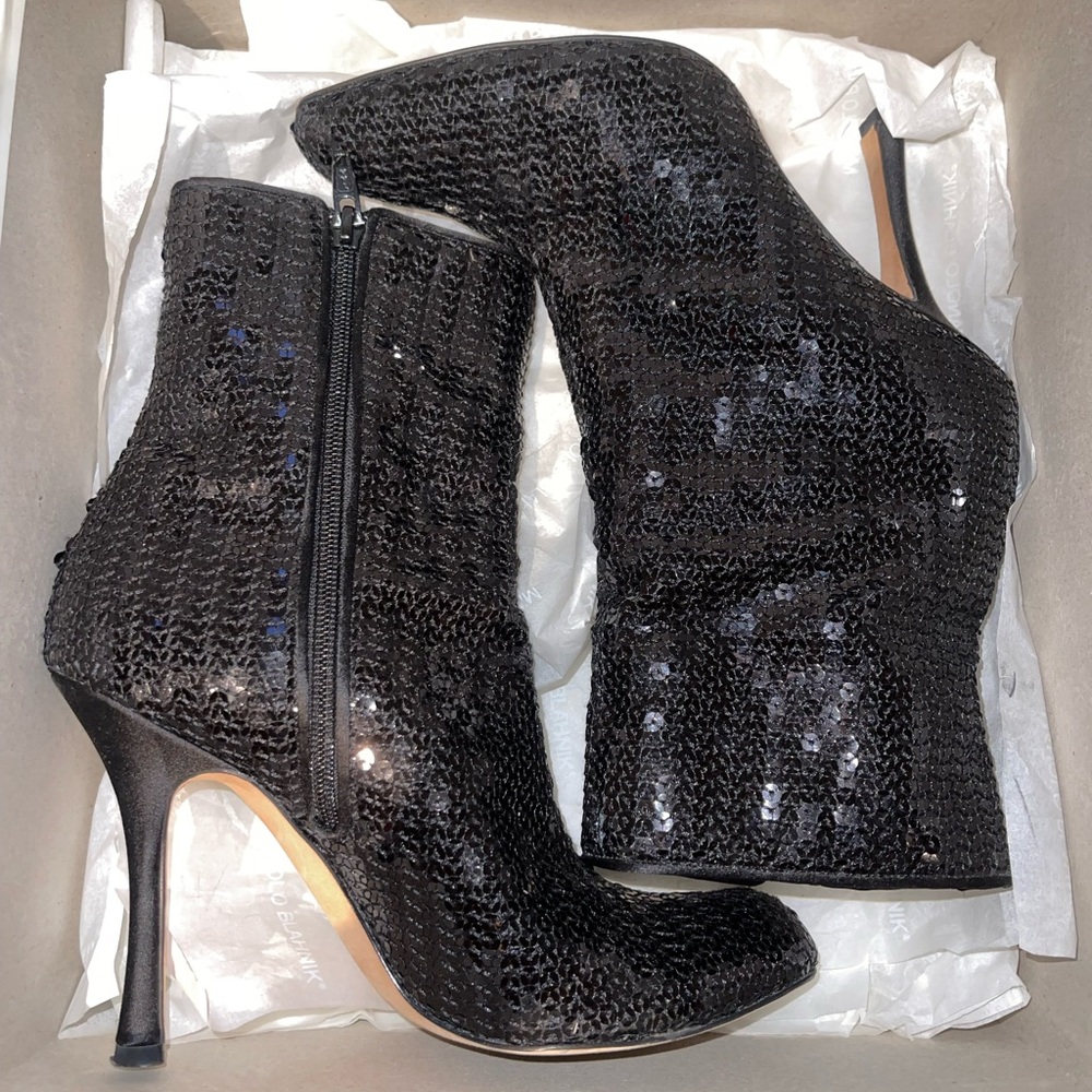 Vintage Manolo Blahnik Black Sequin Bootie